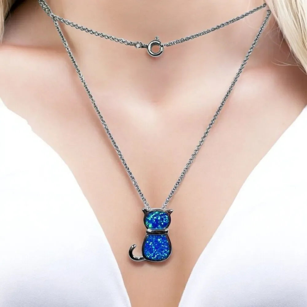 Sterling Silver 925 Rhodium Plated Lab Blue Inlay Opal Sitting Cat 18